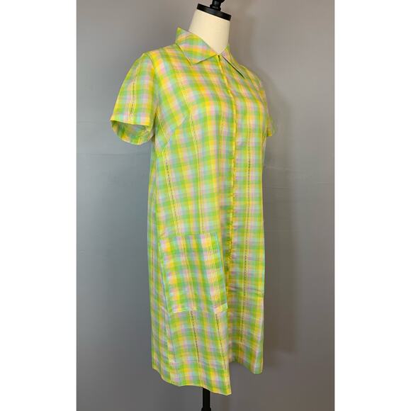 Vintage 1960s Neon Pastel Plaid Shirt Dress House Dress Dagger Collar Zip Front - Picture 6 of 9